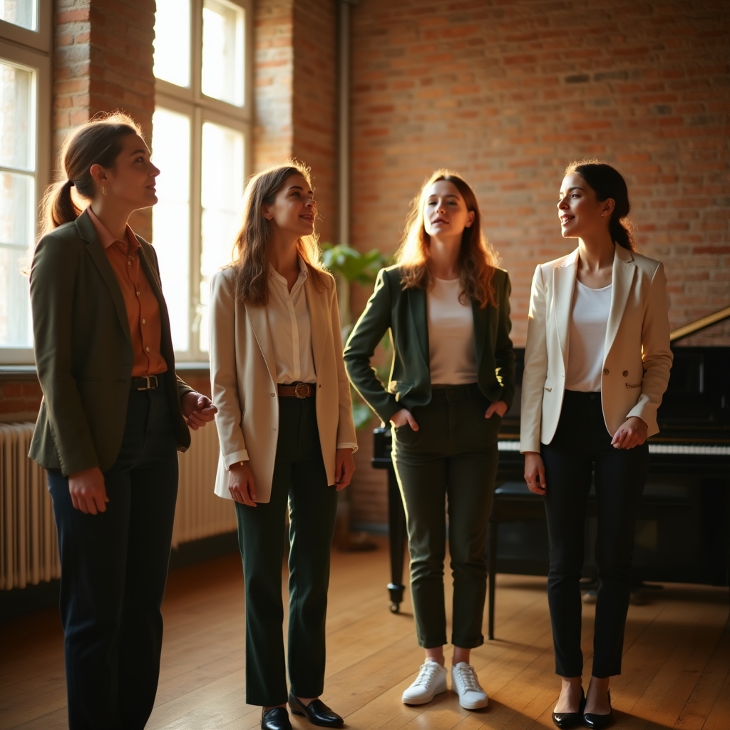 Adulți participând la un curs de canto într-o sală luminoasă