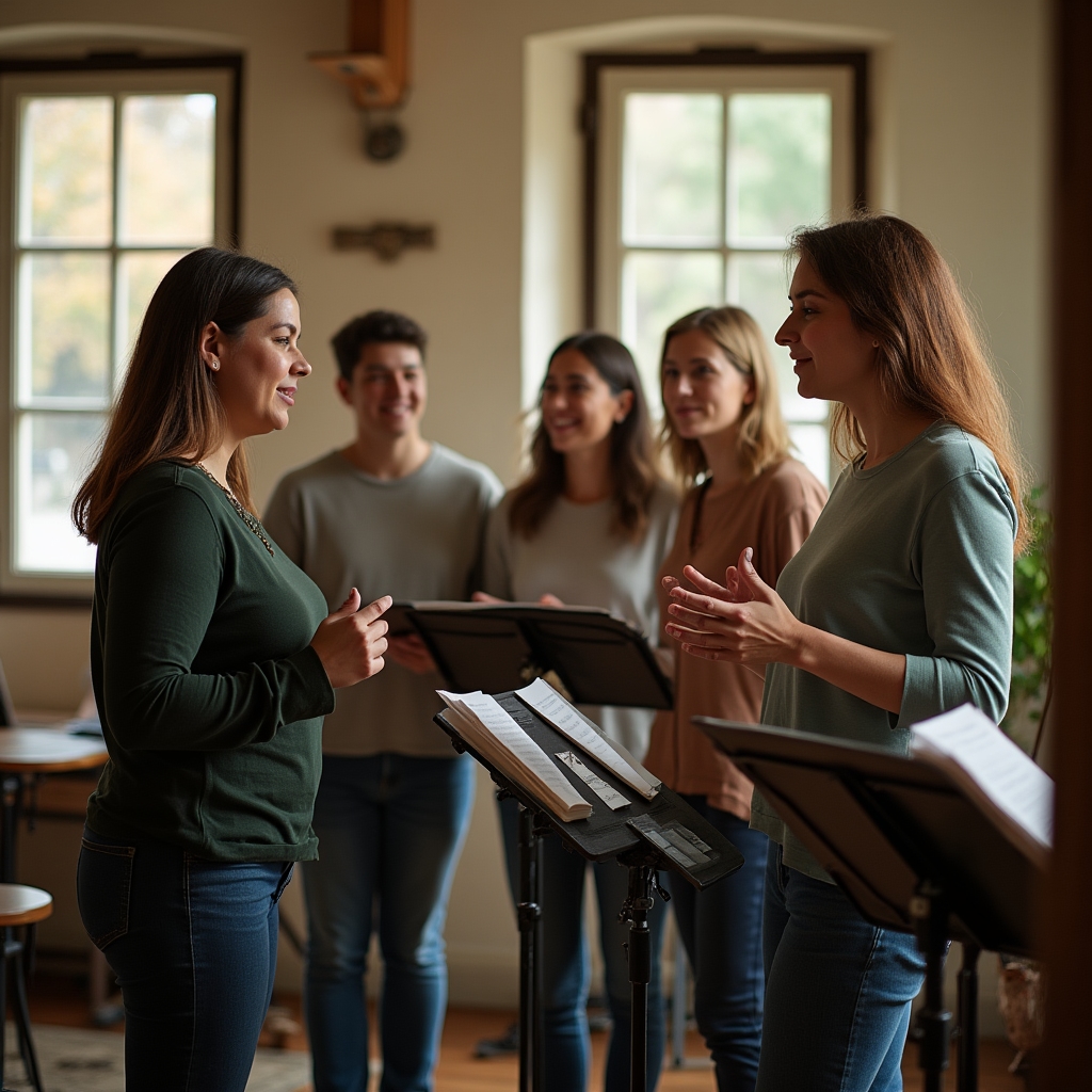Grup mic de adulți la lecție de canto
